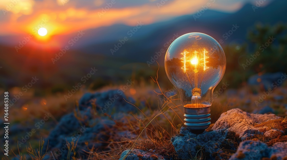 Aufkleber conceptual image of a light bulb against nature on a desert mountain background.