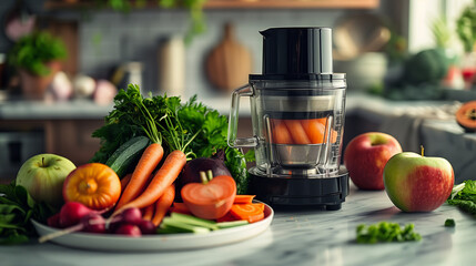  Modern Juicer with Fresh Vegetables, Healthy Lifestyle Kitchen Setup - obrazy, fototapety, plakaty