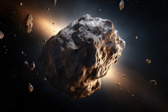 Planet Earth and huge asteroid in the space. Potentially hazardous asteroids. Asteroid in outer space near Earth planet