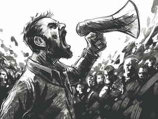 Illustration of a man passionately speaking into a megaphone with a crowd of protesters behind. - obrazy, fototapety, plakaty