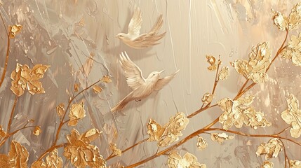 Obraz na płótnie Canvas Abstract artistic background with vintage illustrations, flowers, branches, birds, golden brushstrokes. Oil on canvas. Modern Art. gray wallpaper, poster, card, mural, print, wall art....