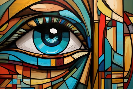 Eye rendered in a dynamic cubist style, with sharp angles and contrasting colors that draw the viewer into a unique visual interpretation of human perception.