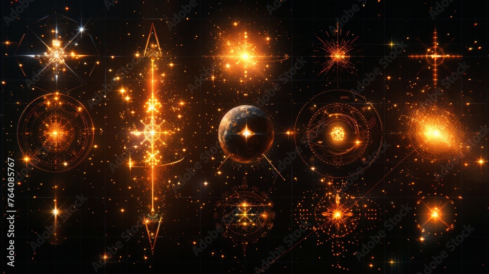 Aufkleber The set includes lens flares, rays, stars and sparkles with bokeh isolated on a plaid modern background.