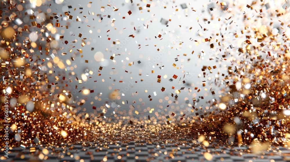 Poster modern illustration of falling shiny confetti glitters isolated on transparent checkered background.