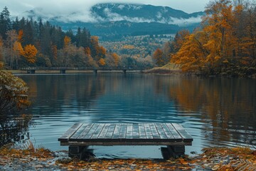 A tranquil scene unfolds with a wooden pier overlooking a calm lake surrounded by vibrant autumn...