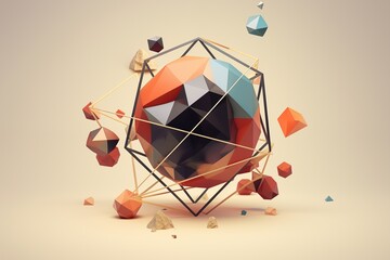 Geometric shapes, featuring a central polyhedron surrounded by floating crystals in a delicate balance, encapsulating modern design and abstract art.