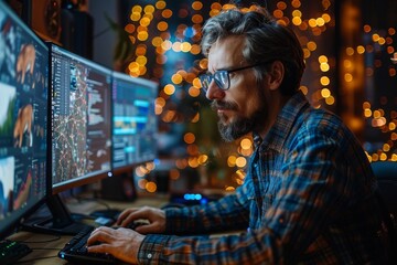 A tech worker attentively operates a computer in a festive environment with bokeh lights