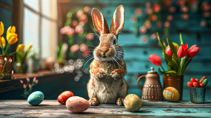A hasty rabbit on an old table in a workshop next to Easter eggs and a bouquet with tulips, concept for an Easter web banner