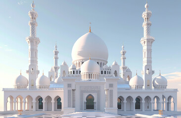 Fototapeta na wymiar 3d model of white mosque with dome and minarets, decorated for Ramadan in front view, 20m wide, 5 meters high, generative ai