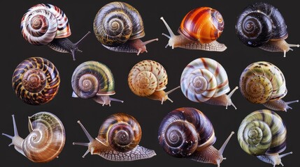 Beautiful snails set collection. Isolated on black background Generative AI