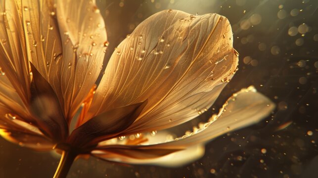 Backlit flower with water droplets in golden light