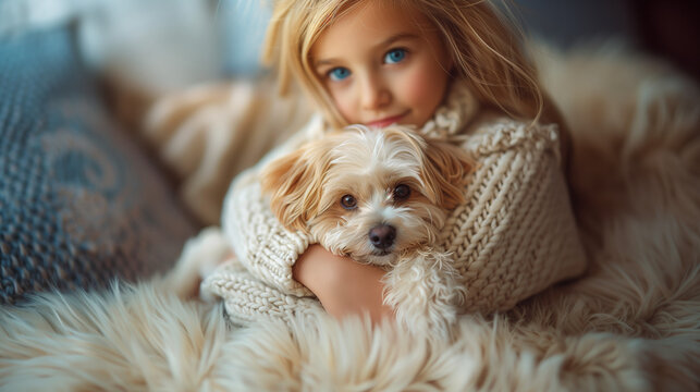 Cute child cuddling a little white puppy. Cosy and happy