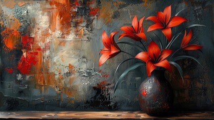 Fototapeta premium Modern painting, abstract, metal element, texture background, flowers, plants, vase of flowers.