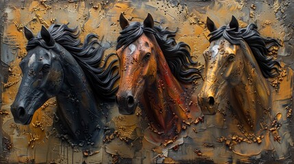 Various modern paintings, abstract, metal elements, texture backgrounds, animals, horses.