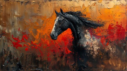 An abstract modern painting with metal elements, a texture background, animals, horses, and... - obrazy, fototapety, plakaty