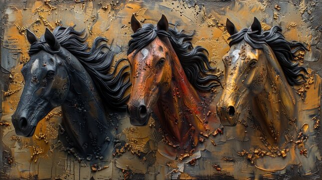 Abstract art, metal elements, texture background, animals, horses...