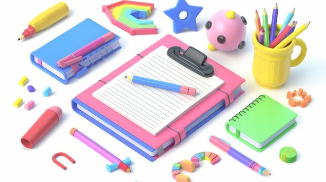 Education, school and work stationery. 3D Book, pen, pencil, notebook, ruler, highlighter, marker modern.