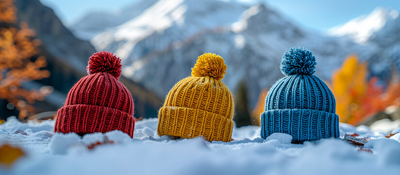 wool caps different colours on the snow