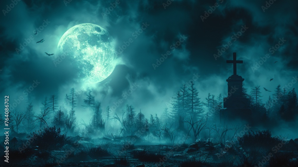 Canvas Prints A spooky cemetery at night with a moon, clouds, and bats contained in a 3D illustration.