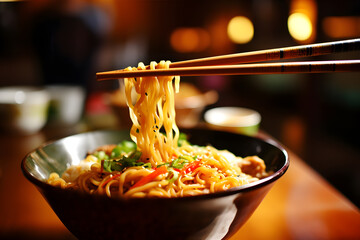 A closeup of chopsticks picking up ramen noodles from a bowl - obrazy, fototapety, plakaty