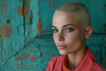 A bald woman's powerful gaze conveys confidence and style against a vibrant, textured urban backdrop