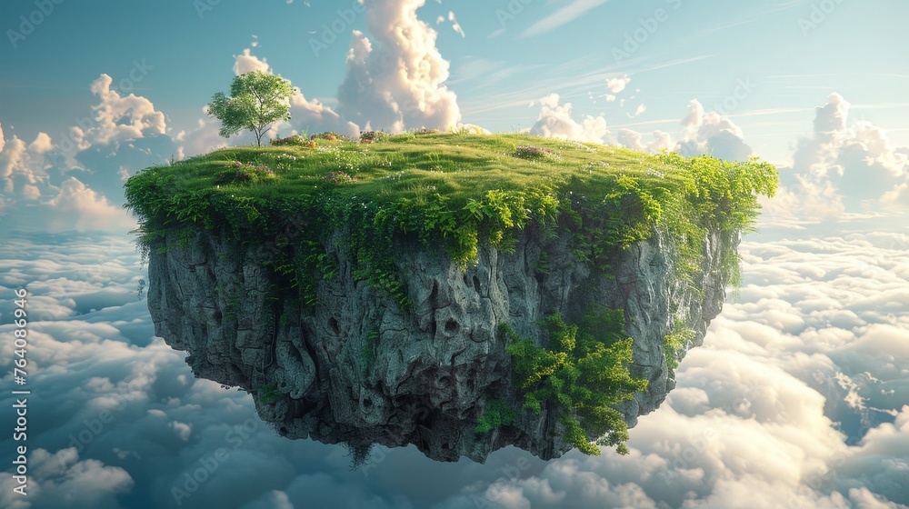 Poster imagine a fantasy floating island with natural grass fields on the rocks, a surreal float landscape 