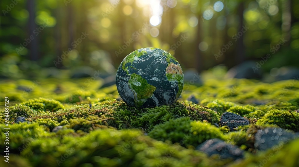 Poster environment - defocused abstract sunlight on maroon globe in forest with moss