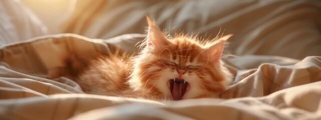 Angry fluffy ginger cat hisses at the owner. Orange kitten is yawning. Maine Coon cat meows, funny pet lying in bed close-up. Animal aggression, adaptation - obrazy, fototapety, plakaty