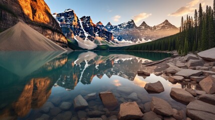 Alpine lake in mountains at sunset. Moraine Lake in Banff National Park. - obrazy, fototapety, plakaty