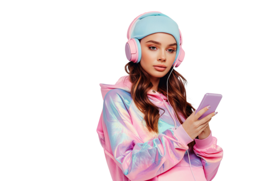 On a bright background, a young caucasian woman listens to music through headphones, wearing a sport outfit, listening to music on her phone. - Powered by Adobe