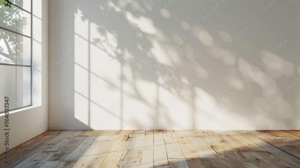 Fototapete This is a mock-up of an empty room and wood laminate floor with sun light cast the shadow on the wall. This is a 3D rendering showing a minimalist interior design perspective.
