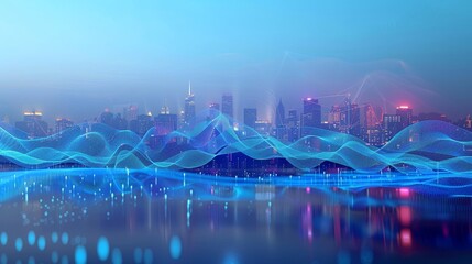 Concept of smart cities and big data connections with digital blue wavy wires and antennas on a night skyline of a megapolis city skyline, double exposure