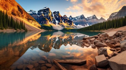 Alpine lake in mountains at sunset. Moraine Lake in Banff National Park. - obrazy, fototapety, plakaty