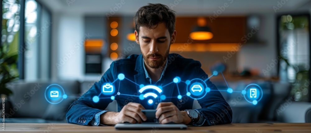 Aufkleber IoT icon with wireless symbol and tech devices network. Internet of things concept. IoT solution represented as symbol connected. Intelligent house, car, laptop, watch, smartphone, etc.