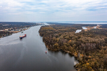 Ship on the Odra River in Szczecin. River transport from a drone.