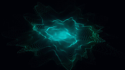 Glowing wave with motion dots and top view. Abstract digital background. Particle explosion. Concept connection big data. Futuristic technology backdrop. 3D rendering.