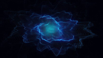Glowing wave with motion dots and top view. Abstract digital background. Particle explosion. Concept connection big data. Futuristic technology backdrop. 3D rendering.
