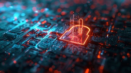 Cloud storage and cloud computing background. Data processing technology. Lock in integrated circuit.