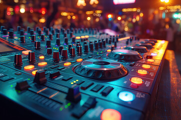 DJ console mixer board in night club in booth at party music dance event