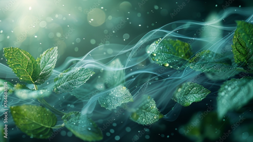 Poster an abstract air blowing effect with a blurred wave motion with mint leaves. concept of freshness.