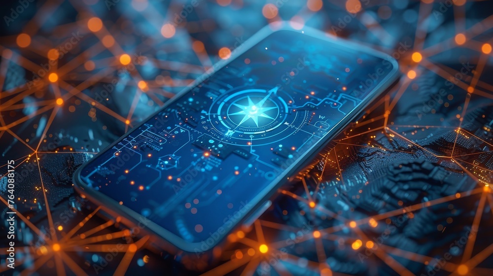 Poster low poly mobile phone with white screen and compass. geometric background. wireframe light connectio