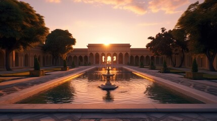 Eastern landscape of the palace complex with a fountain at sunset. Oriental, Arabic arches and architecture - obrazy, fototapety, plakaty