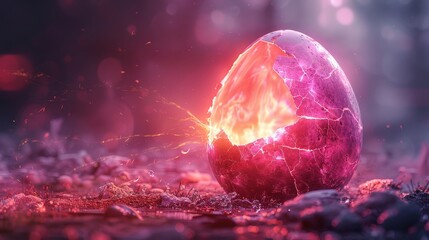 A digital illustration of a broken egg birth concept. Rays of light shine from the crack in an egg, creating a festive banner in a neon style. - obrazy, fototapety, plakaty