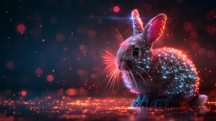 Digital Easter banner with eggs and bunnies on a technological background. Modern illustration. - obrazy, fototapety, plakaty
