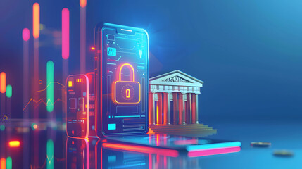 Smartphone with bank and padlock icon on the screen, security on online banking and digital data in network, digital money exchange, data and information on cloud commercial