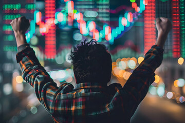 A person celebrating while looking at their stock portfolio gains, profit and capital gain on investment, investing for financial freedom - obrazy, fototapety, plakaty