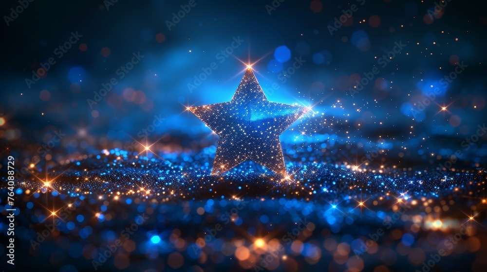 Poster blue star greeting card with abstract geometric background. designs in low poly with wireframe light
