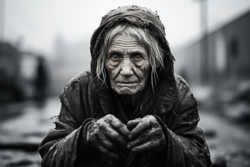 elderly homeless beggar woman
