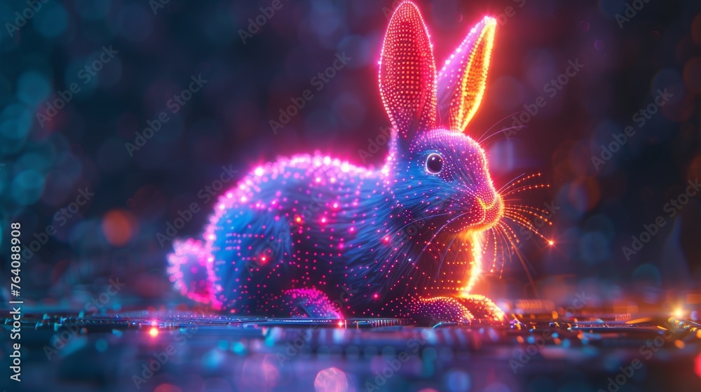 Poster Bright neon bunny in a futuristic style. 3D model of hare ears with computer board pattern. Holiday greeting card.