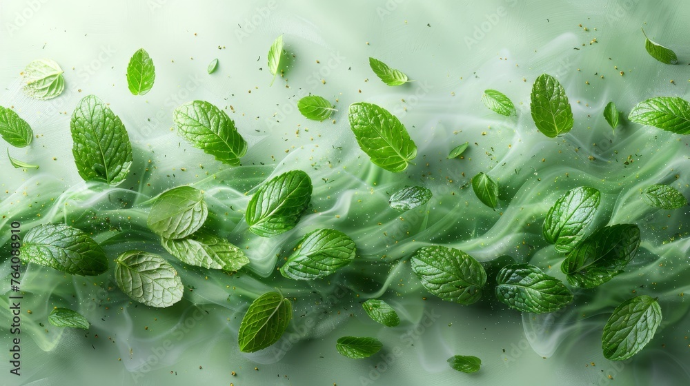 Poster Wind swirls are a dynamic element for cleaners and fresheners, spring and summer concepts, and fresheners with mint leaves. Green vortex flow imparts herbs, menthol, and organic aromas.